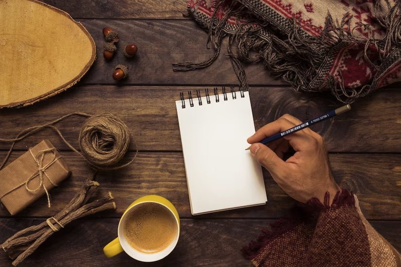mão se prepara para iniciar escrita em um bloquinho em um local com cores rústicas e vintage, acompanhado de uma caneca de café