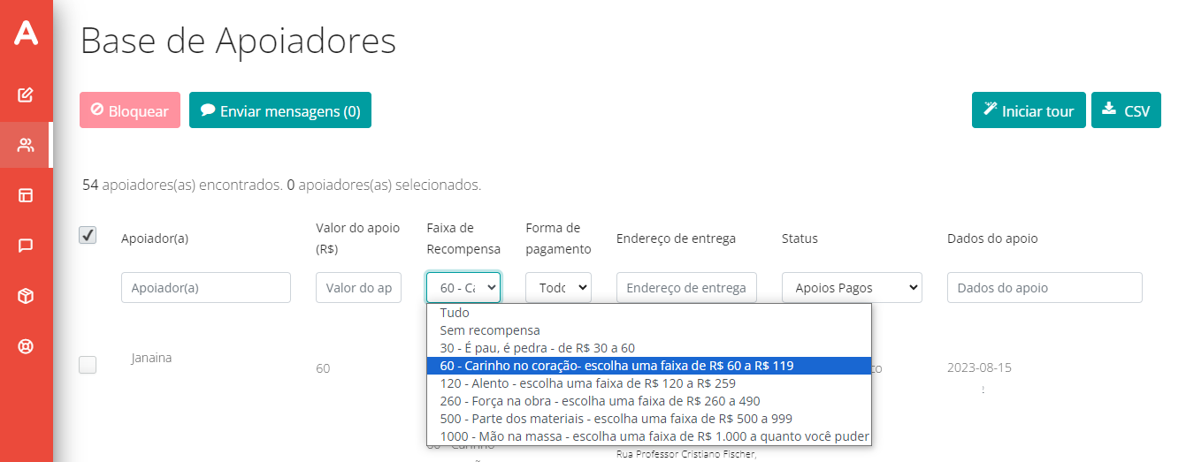 Interface gráfica da base de apoiadores, destacando a seleção de uma faixa de recompensa específica