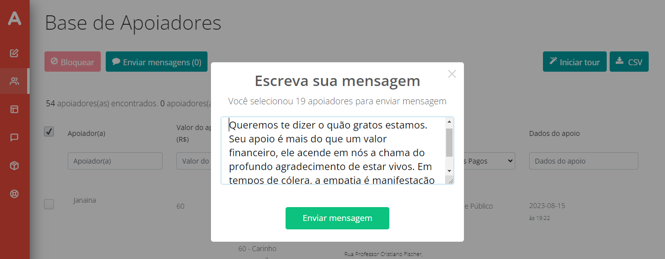 Interface gráfica, destacando o box de envio de mensagens