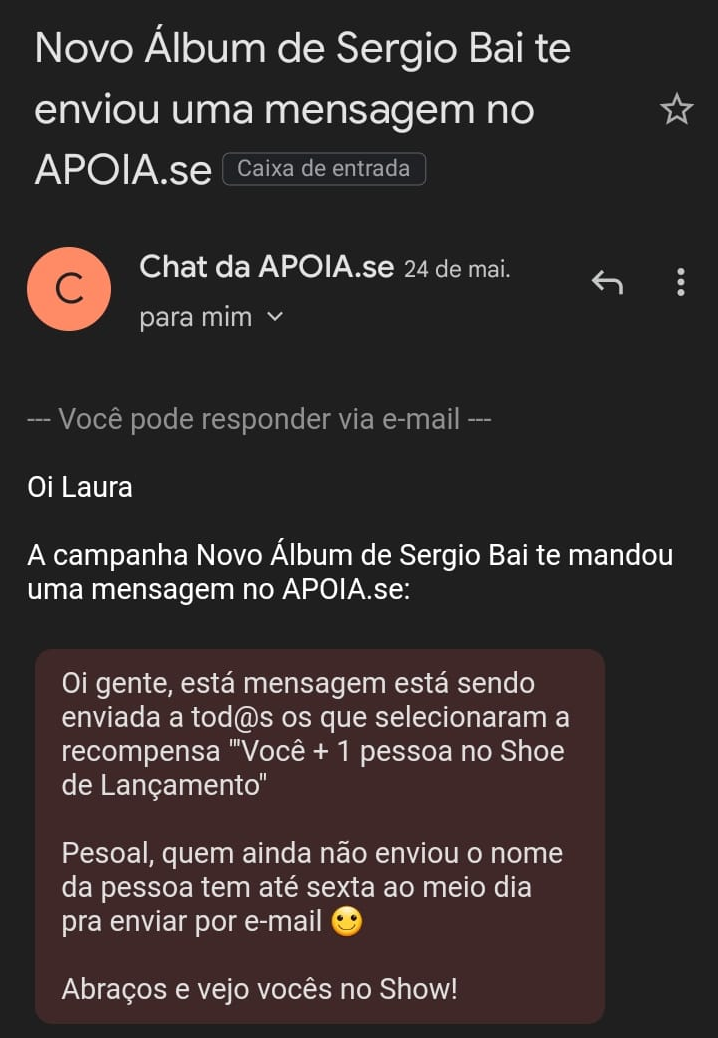 captura de tela de um email enviado pelo "Chat da APOIA.se", conversando diretamente com a apoiadora