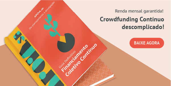 banner com imagem de um livro e os dizeres "Renda mensal garantida! Crowdfunding contínuo descomplicado" e um botão para baixar agora