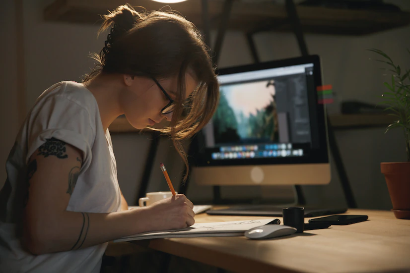 Jovem branca com tatuagem e óculos, começa a rabiscar com lápis um papel para começar a desenhar em frente do computador